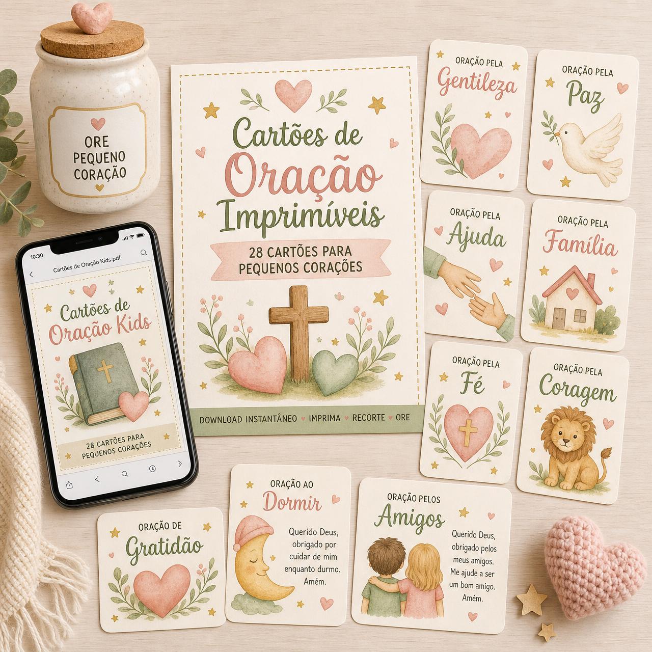 Kit imprimível com cartinhas de oração, potinho, folhas do material e celular mostrando o arquivo digital