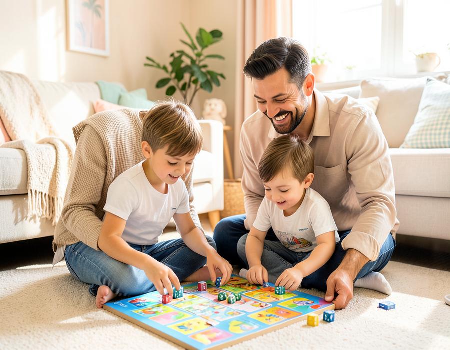 Pai e filho brincando com uma das atividades do kit